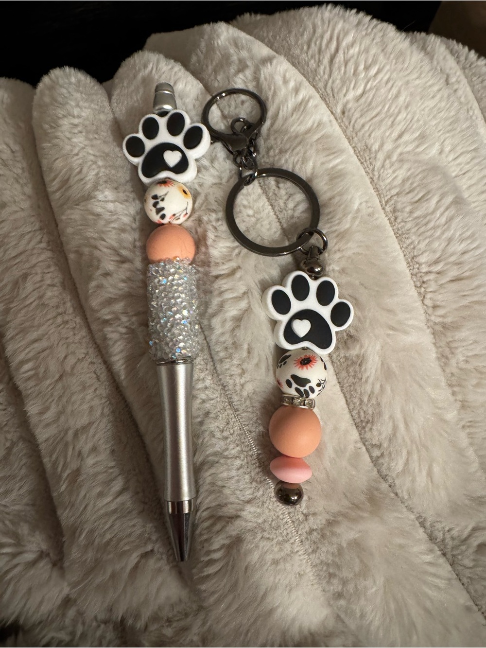 Beaded Paw Print Pet-Themed Pen & Keychain Set in Peach and Black